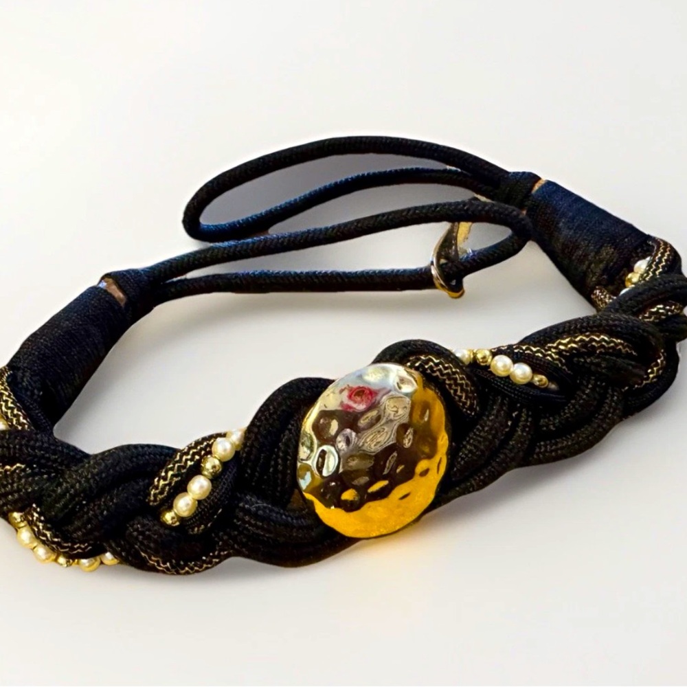 Vtg 80’s Black Gold Hammered Braided Belt with Faux Pearl Detail S/M Boho